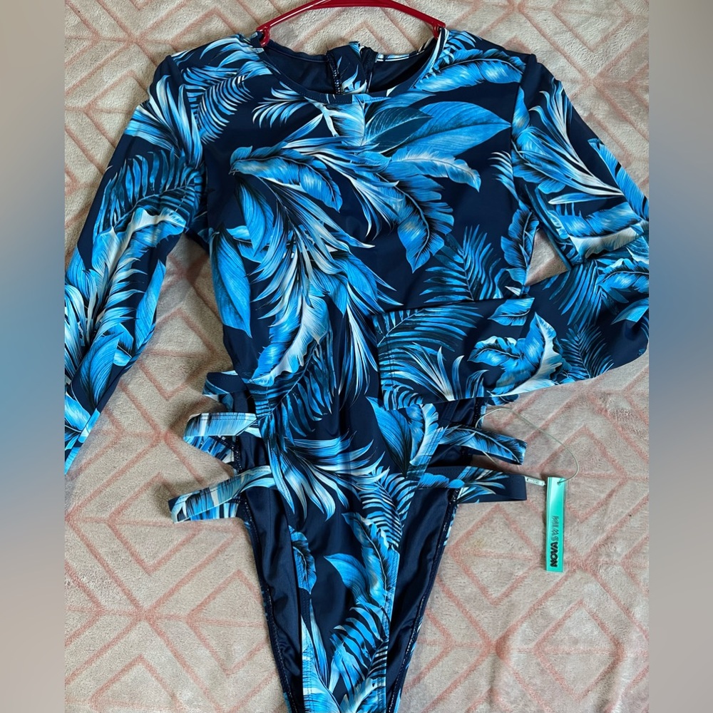 Long-Sleeve Tropical Print One-Piece Swimsuit - Blue